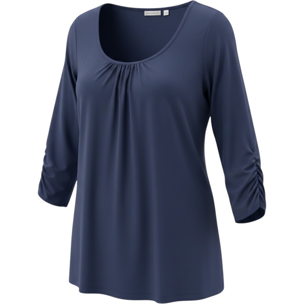 Susan Graver Liquid Knit Navy Blue Scoop Neck Pleated 3/4 Ruched Sleeve Top 2X